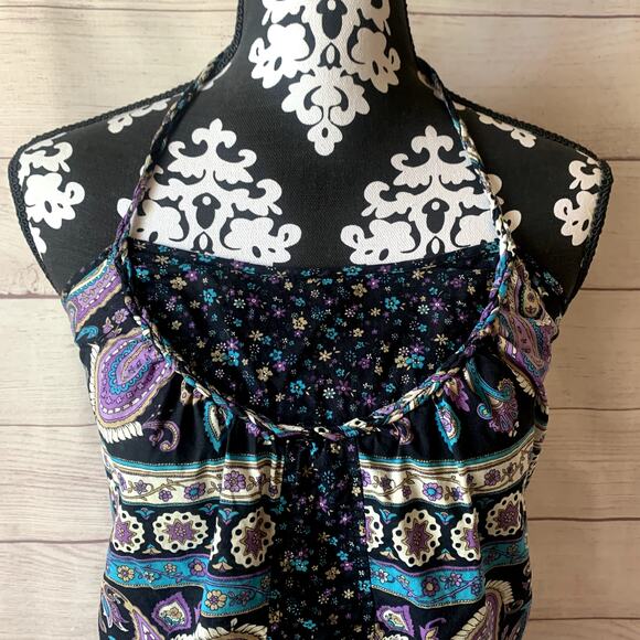 Paisley and Floral Black Purple Blue Halter Tank Top Ruffle Peplum Bottom - Picture 2 of 8
